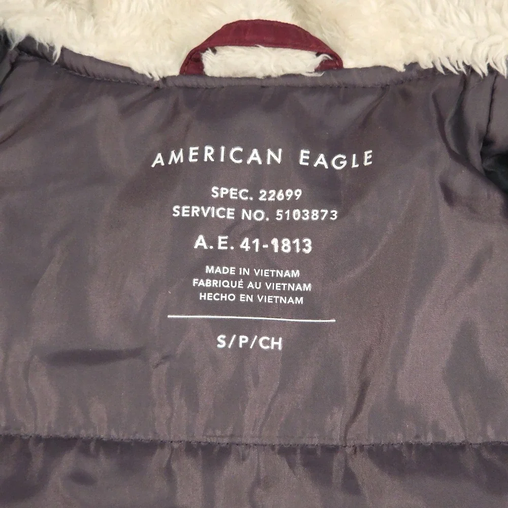 American Eagle Parka Coat Womens S Burgundy Long Faux Sherpa Fur Hood Utility